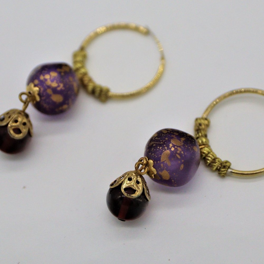 Gold Tone Hoop Earrings with Purple Drop Beads